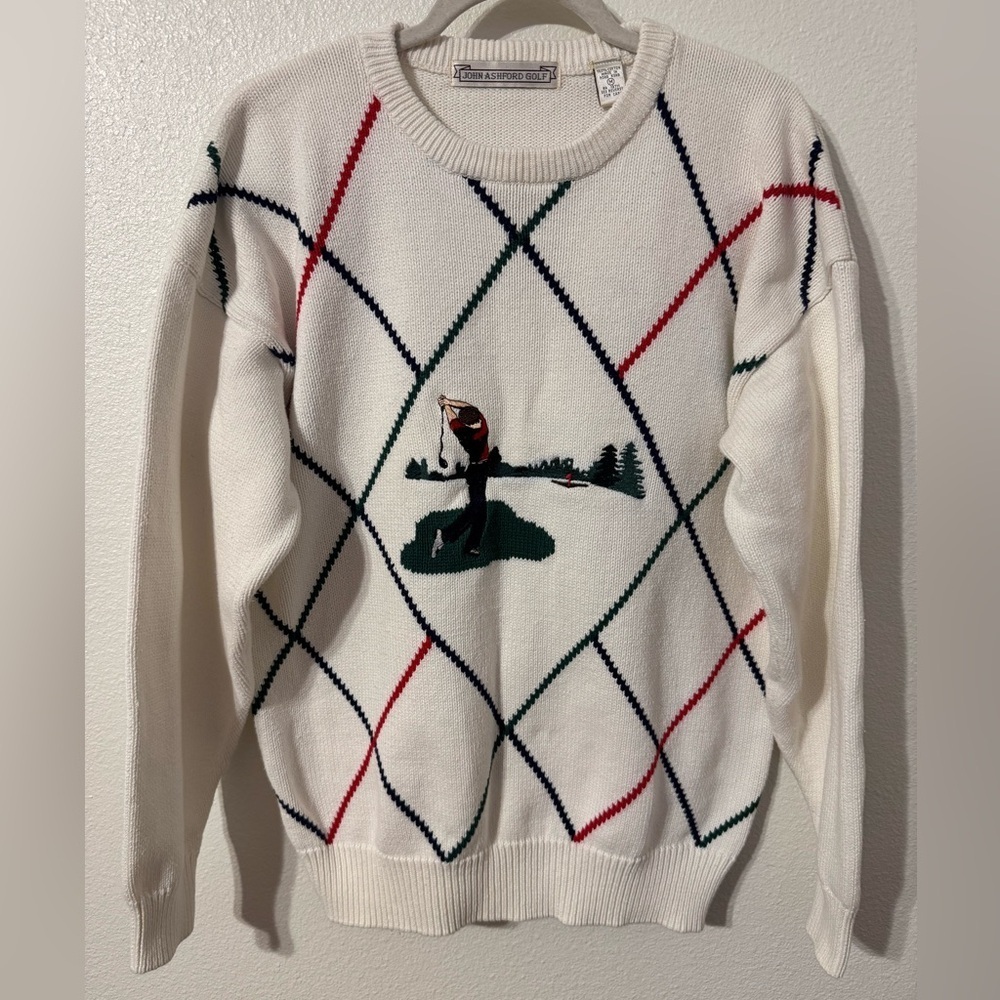Vintage 90s John Ashford Gold Embroidered Golf Knit Sweater -M